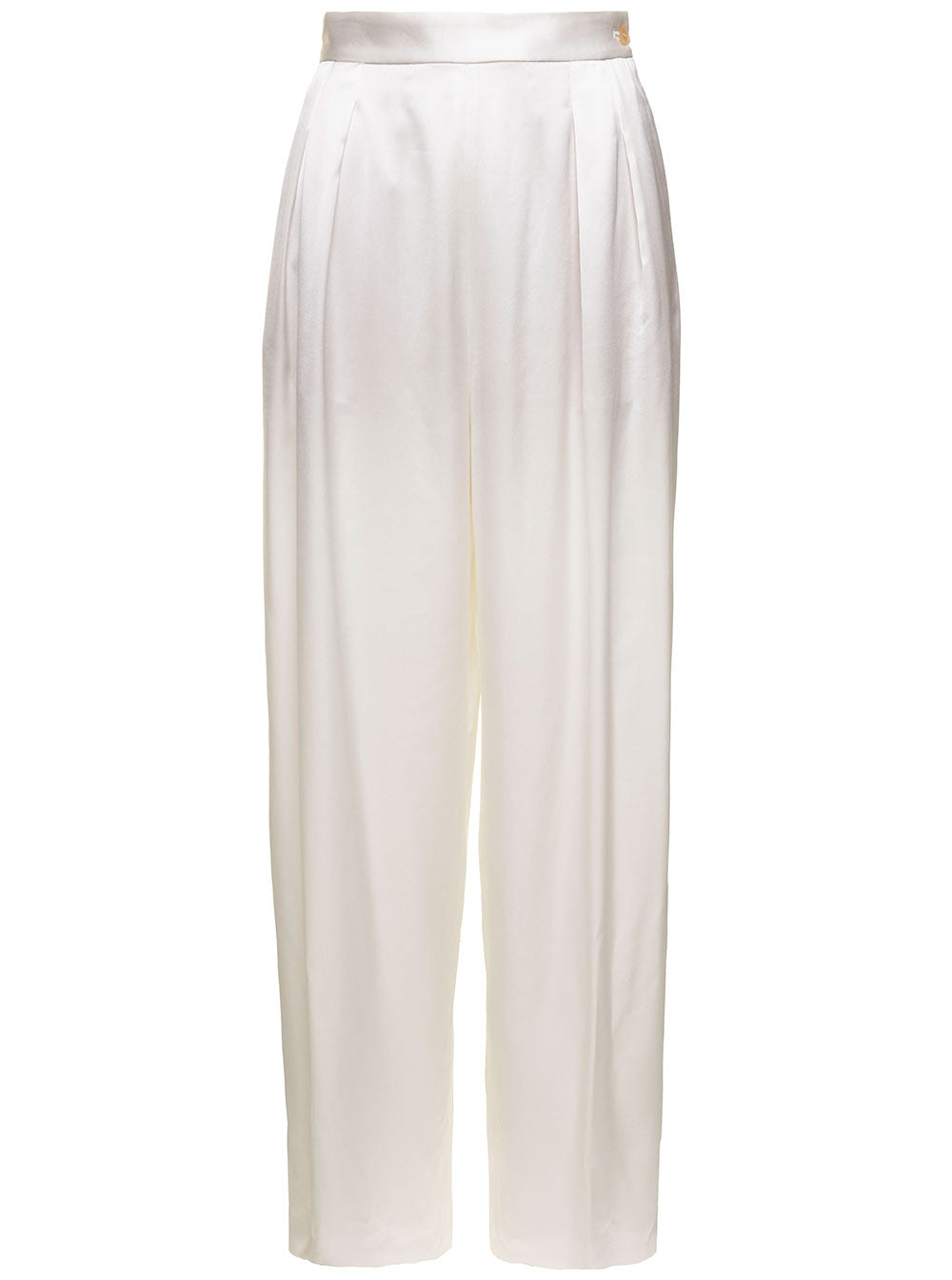 Satin Pinces Pants White Viscose Wool Trousers