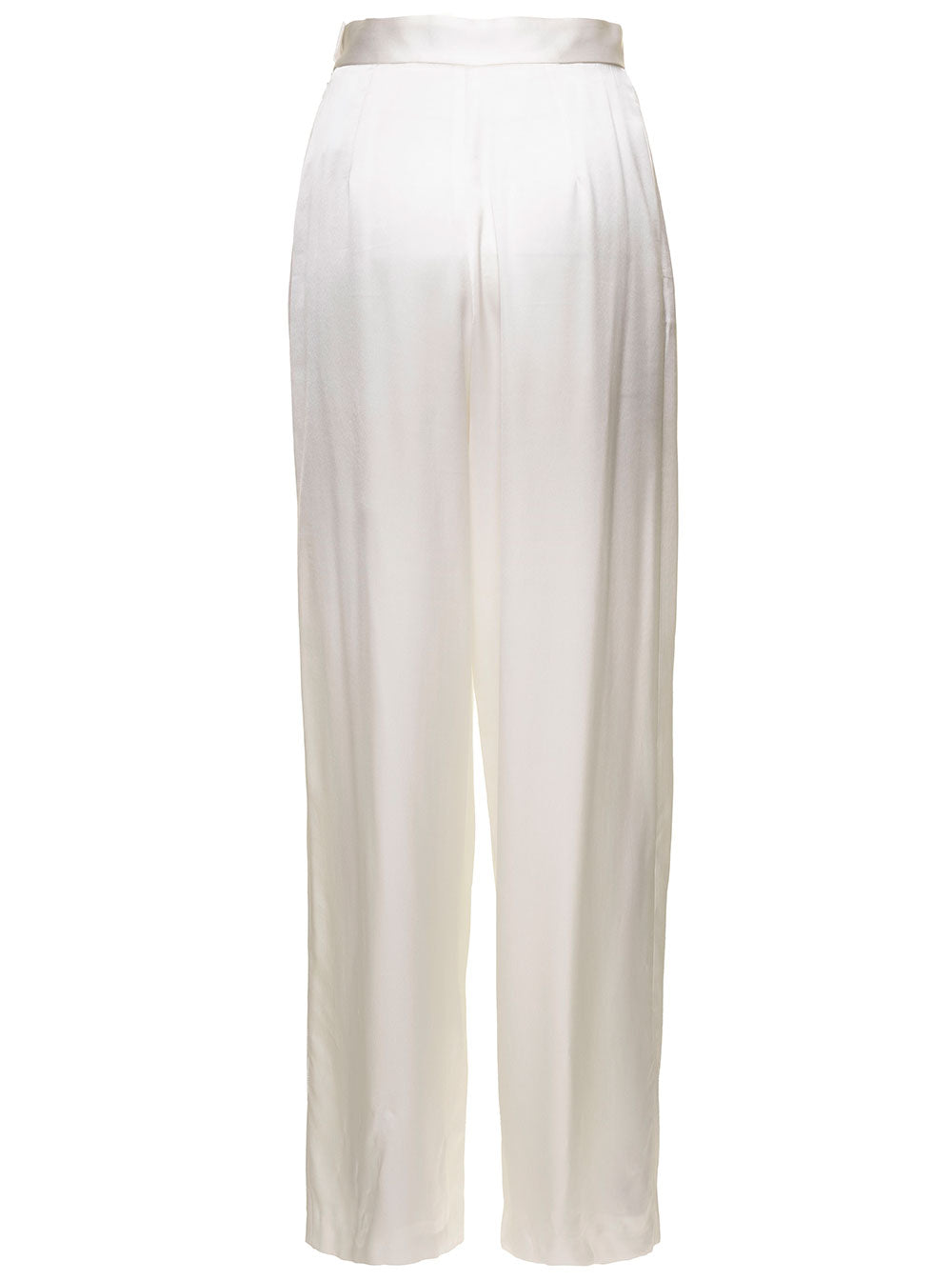 Satin Pinces Pants White Viscose Wool Trousers