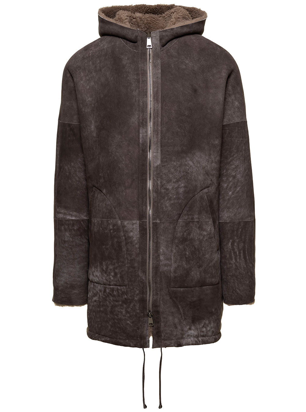 Montone Lungo Con Zip E Cappuccio Reversibile Brown Lamb Shearling Jackets And Furs