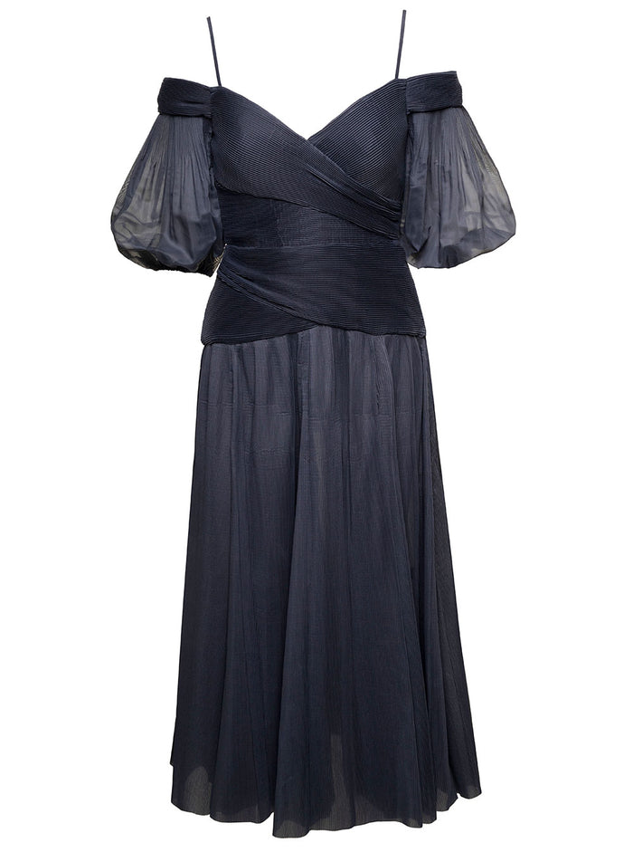 Black Off-Shoulder Pleated Midi Dress Chiffon Woman Blu Polyester