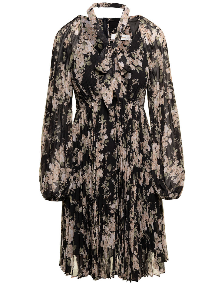 Black Floral-Printed Pleated Sunray Mini Dress Chiffon Woman Recycled Polyester