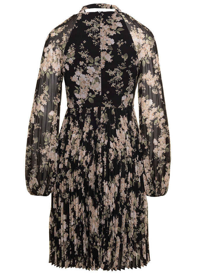 Black Floral-Printed Pleated Sunray Mini Dress Chiffon Woman Recycled Polyester
