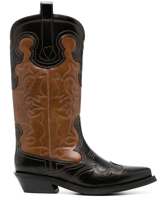 Mid Shaft Embroidered Western Boot Bicol Blck Brown Calf