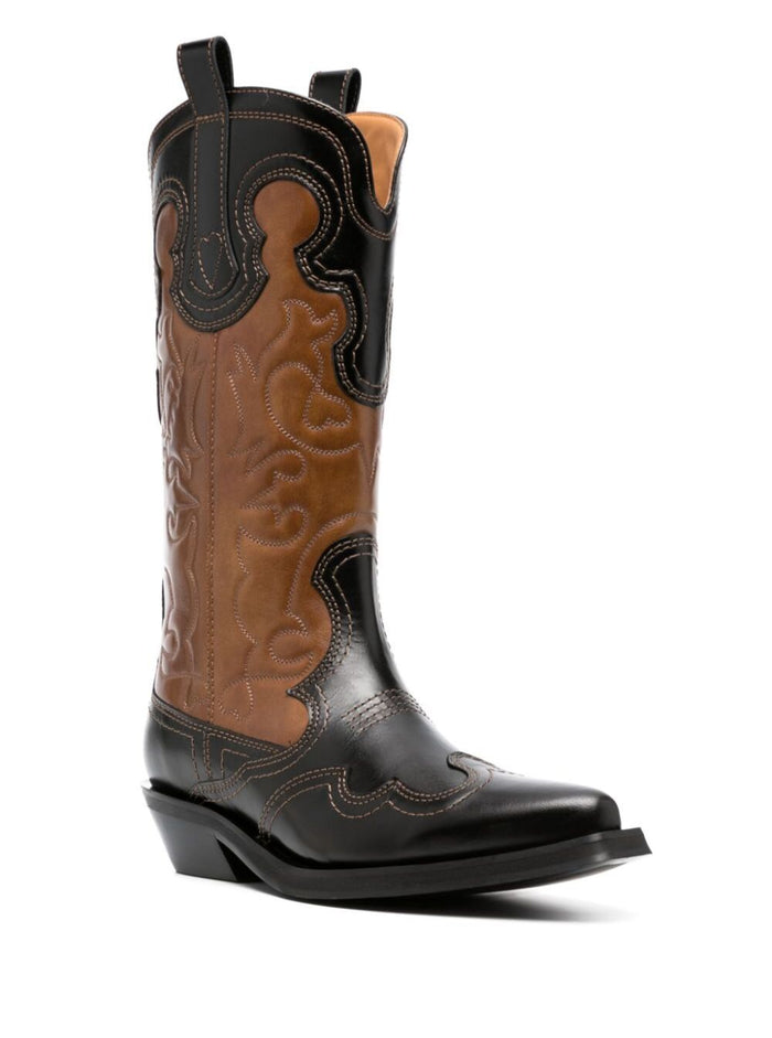 Mid Shaft Embroidered Western Boot Bicol Blck Brown Calf