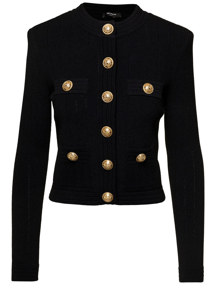 Black Cardigan With Gold-Colored Jewel Buttons Viscose Blend Woman Polyester Jersey