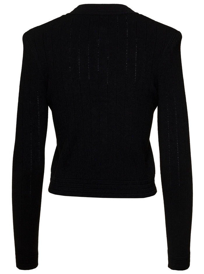 Black Cardigan With Gold-Colored Jewel Buttons Viscose Blend Woman Polyester Jersey