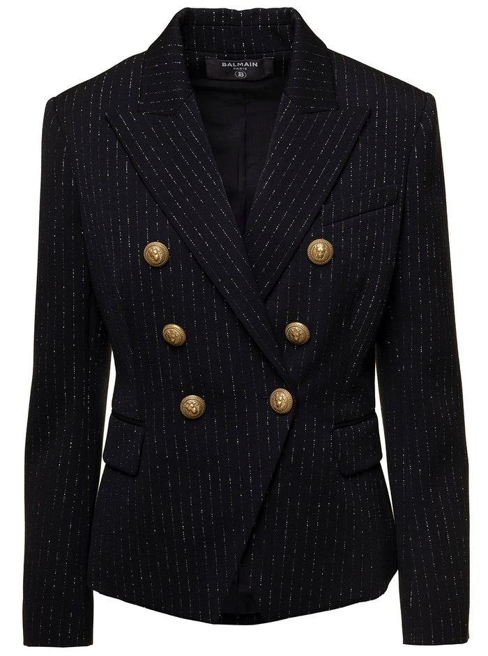 Black Double-Breasted Jacket With Lurex Details And Jewel Buttons Wool Woman Blazers