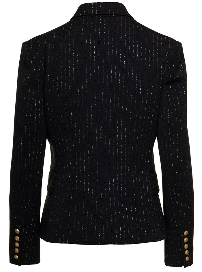 Black Double-Breasted Jacket With Lurex Details And Jewel Buttons Wool Woman Blazers