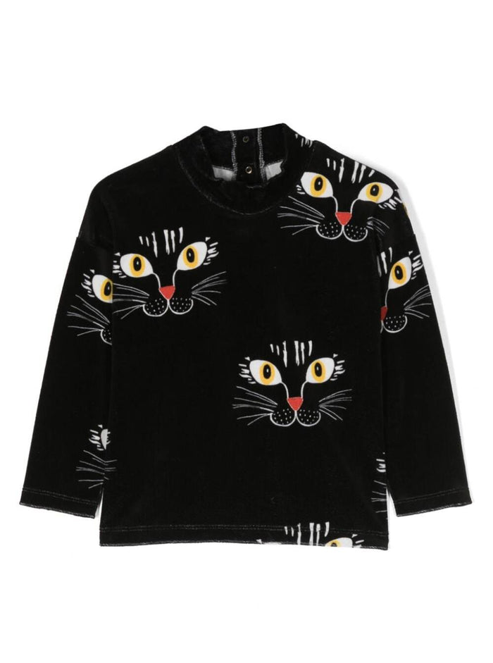 Cat Face Velour Sweater Black Cotton Sweatshirts