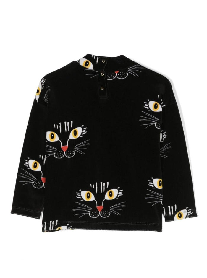 Cat Face Velour Sweater Black Cotton Sweatshirts