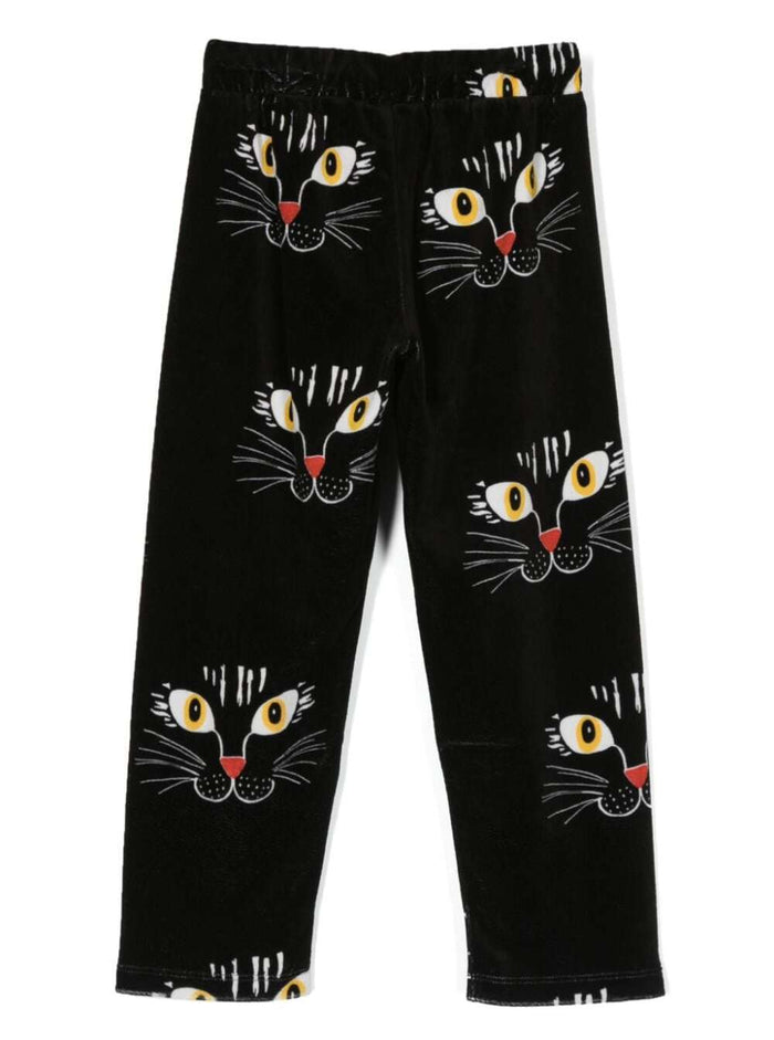 Cat Face Velour Trousers Black Cotton