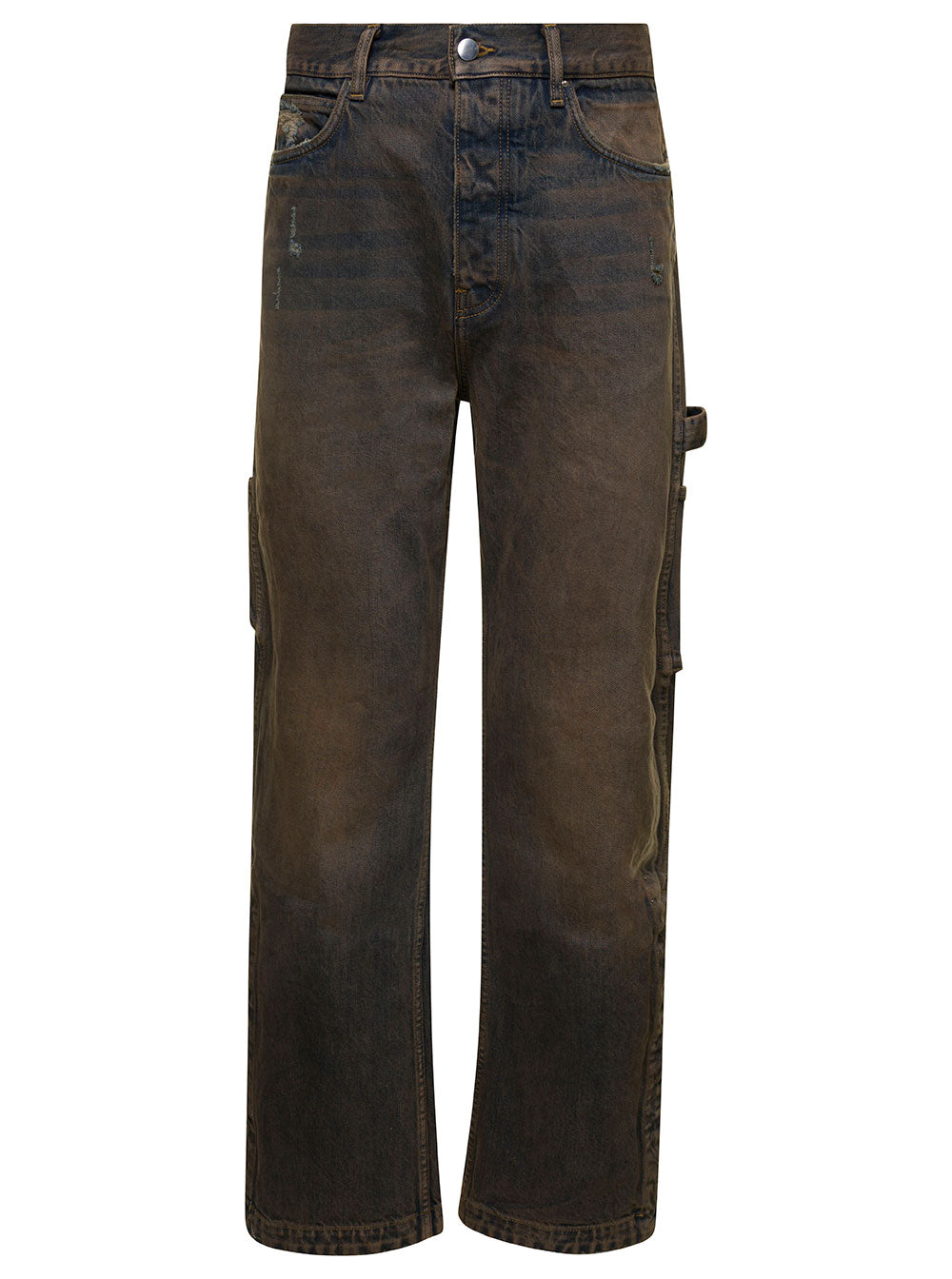 Brown Five-Pocket Jeans With Faded Effect And Rips Details Cotton Denim Man Blu