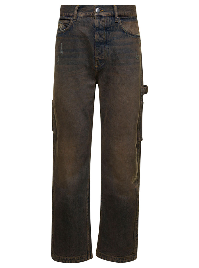 Brown Five-Pocket Jeans With Faded Effect And Rips Details Cotton Denim Man Blu