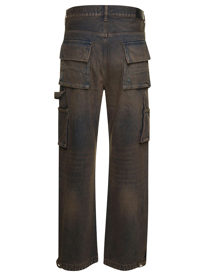 Brown Five-Pocket Jeans With Faded Effect And Rips Details Cotton Denim Man Blu