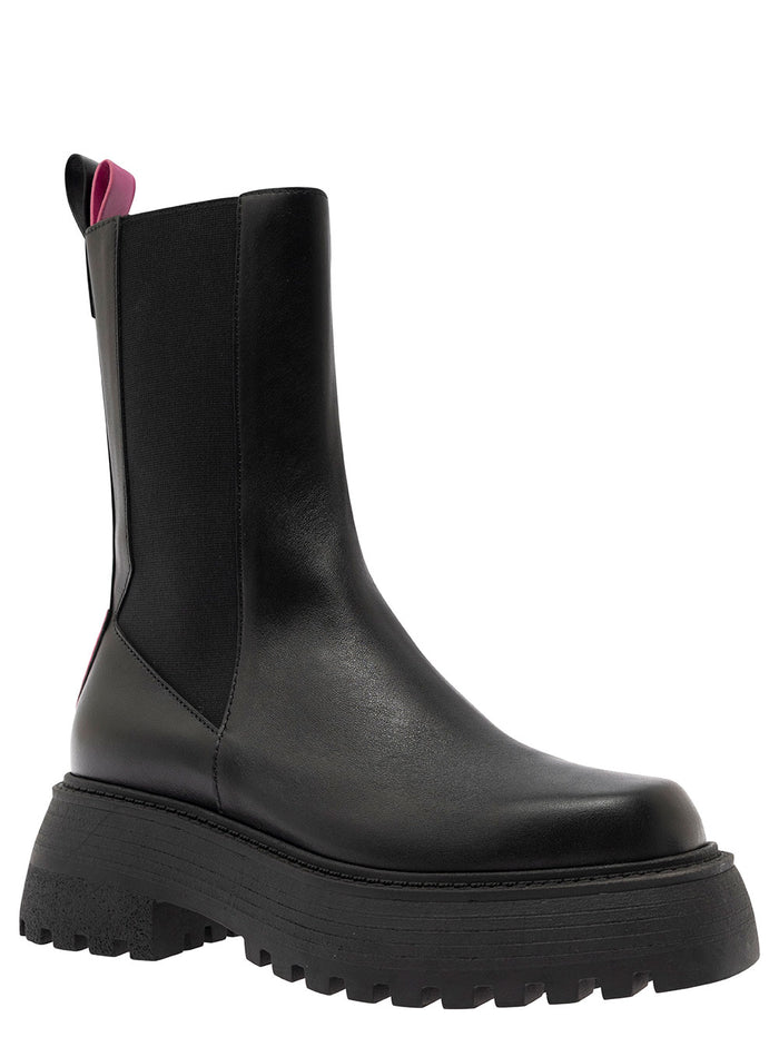 Tokyo Black Boots With Chunky Platform Leather Woman Calf Ankle