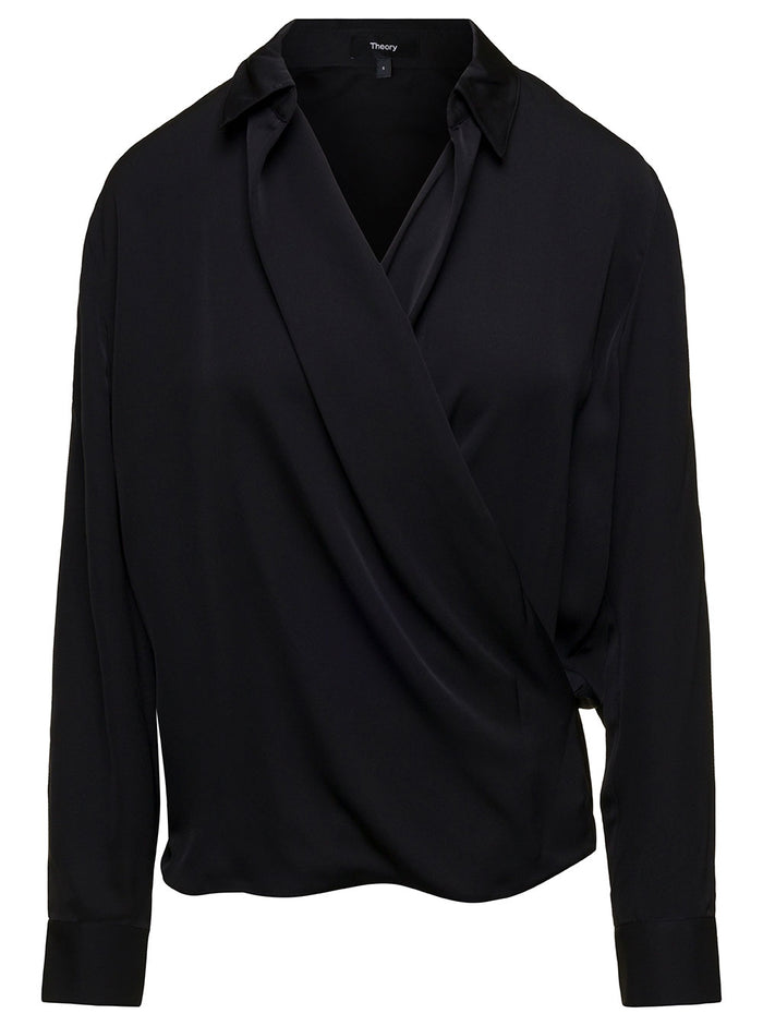 Long Sleeves Wrap Blouse Black Silk Shirts And Blouses