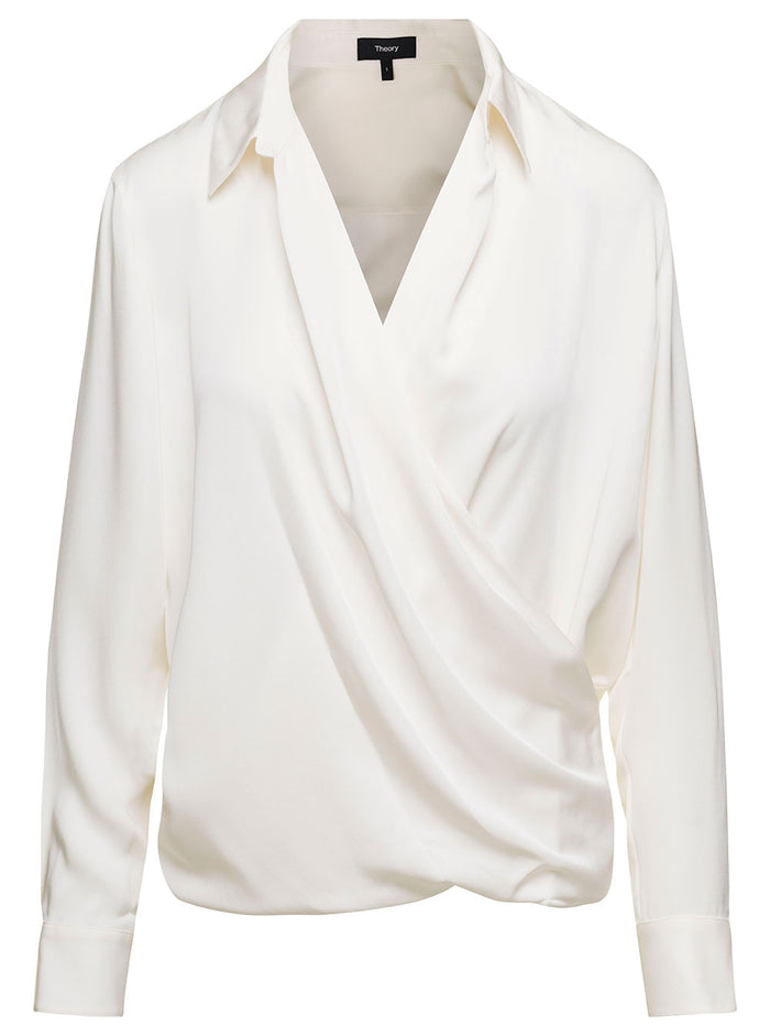 Long Sleeves Wrap Blouse White Silk Shirts And Blouses