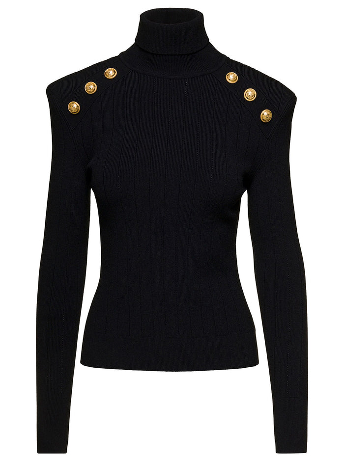 Buttonn Trimmed Turtleneck Sweater Black Viscose Polyester Jersey