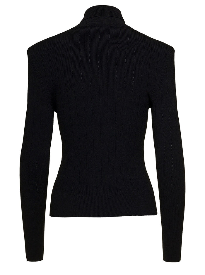 Buttonn Trimmed Turtleneck Sweater Black Viscose Polyester Jersey