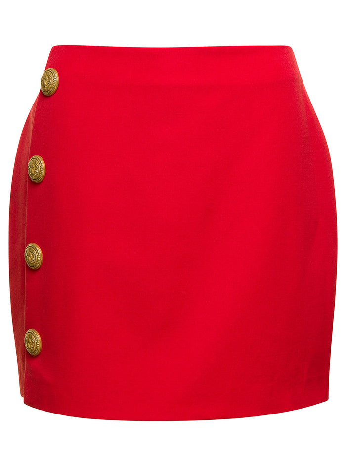 4 Buttons Asymetric Short Skirt Red Wool