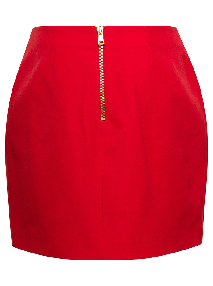 4 Buttons Asymetric Short Skirt Red Wool