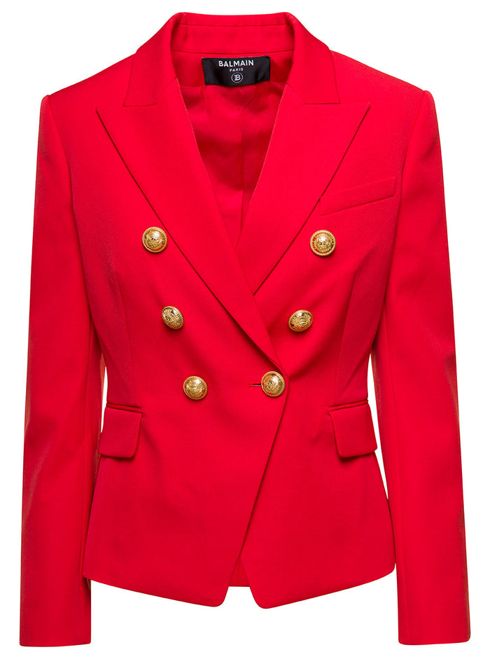 Bright Red Double-Breasted Jacket With Jewel Buttons Wool Woman Blazers