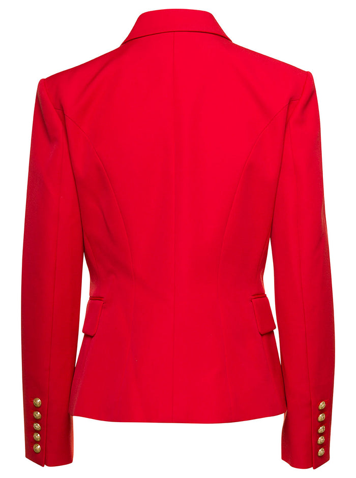 Bright Red Double-Breasted Jacket With Jewel Buttons Wool Woman Blazers