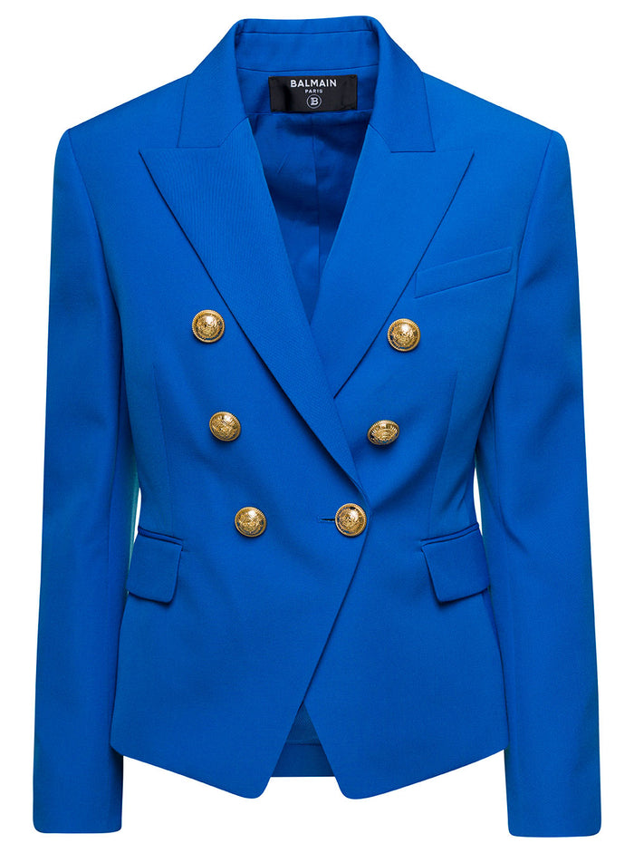Electric Blue Double-Breasted Jacket With Jewel Buttons Wool Woman Blu Blazers