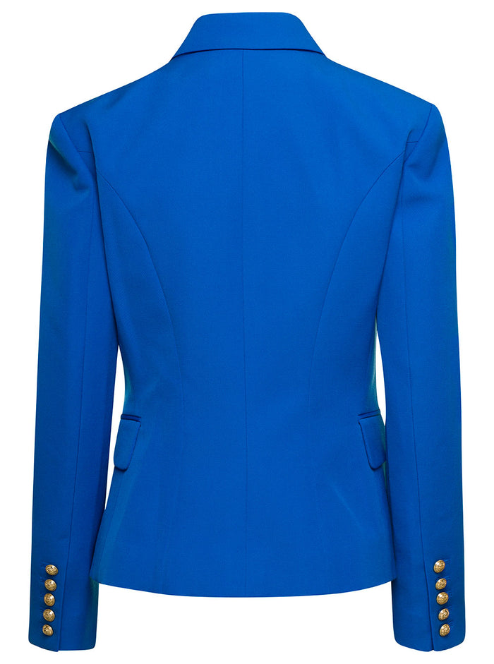 Electric Blue Double-Breasted Jacket With Jewel Buttons Wool Woman Blu Blazers