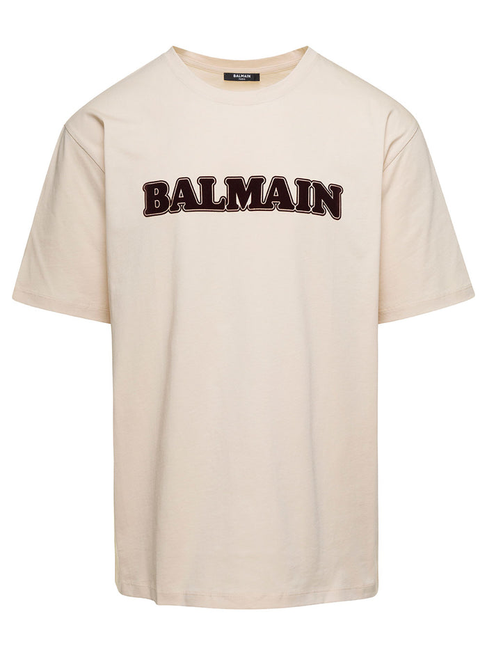 Retro Balmain Flock T-Shirt-Straight Fit Beige Organic Cotton Tshirts And Polo Shirts