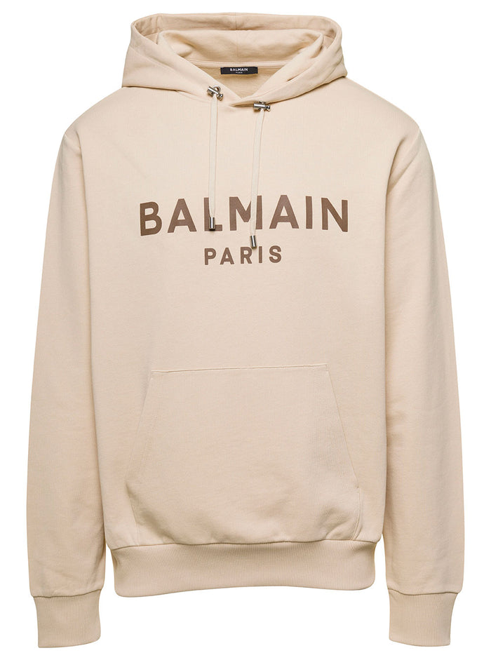 Balmain Printed Hoodie Beige Organic Cotton Sweatshirts