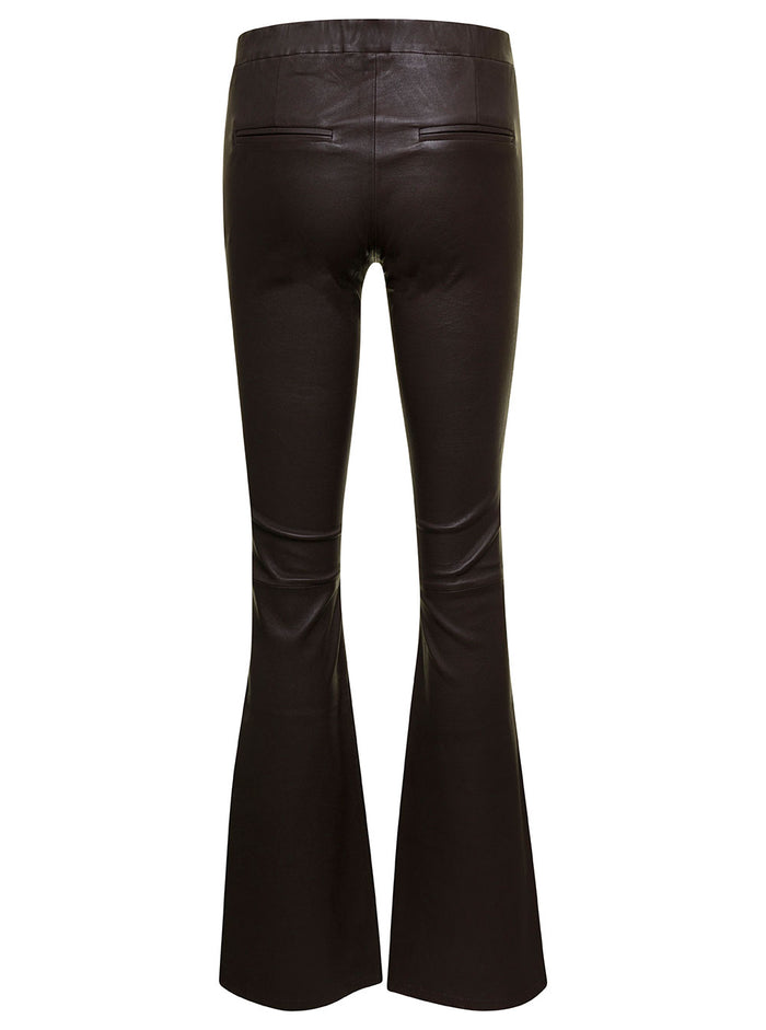 Brown Flared Pants With Branded Buttons Leather Woman Lamb Trousers