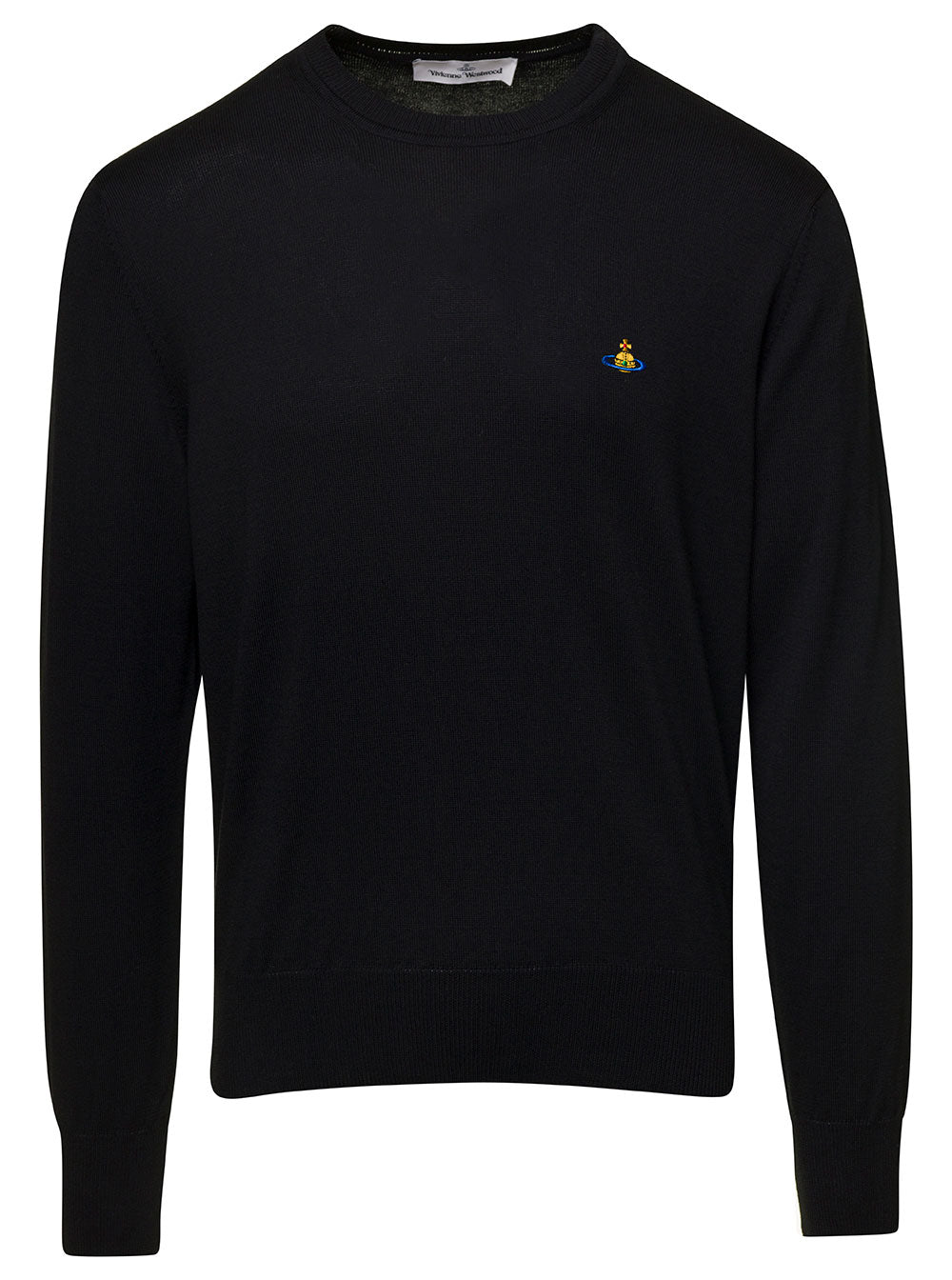 Black Crewneck Sweater With Embroidered Logo Wool Blend Man Cotton Jersey