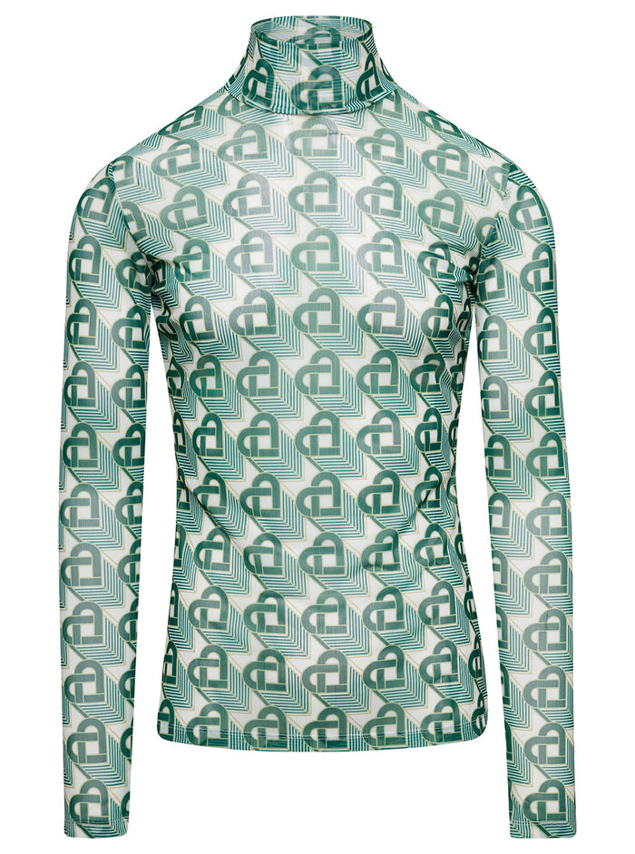 Heart Monogramme Green Printed Mesh Top Polyester Elastane Jersey