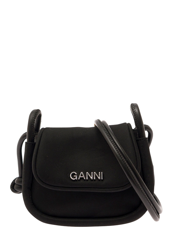 Mini Knot Black Shoulder Bag With Metal Logo Detail Tubular Strap Recycled Nylon Woman Crossbody