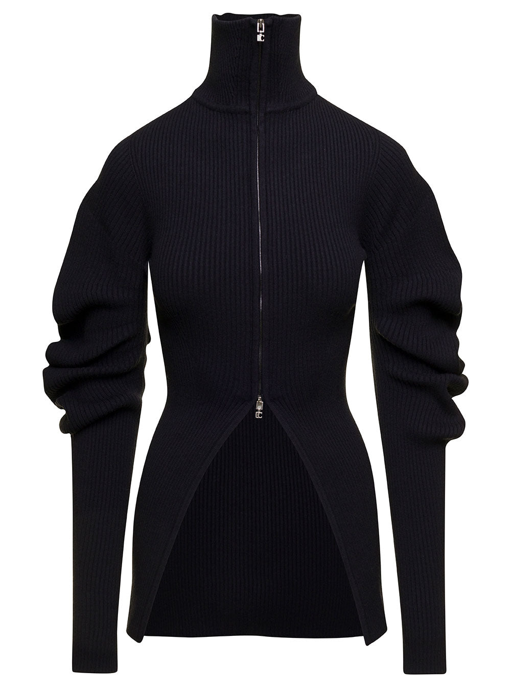 Volume Sleeve Knit Carigan Black Acrylic Wool Polybuthylene Jersey