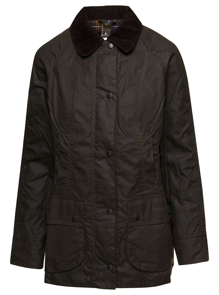 Dark Green Jacket With Ribbed Collar Waxed Cotton Woman