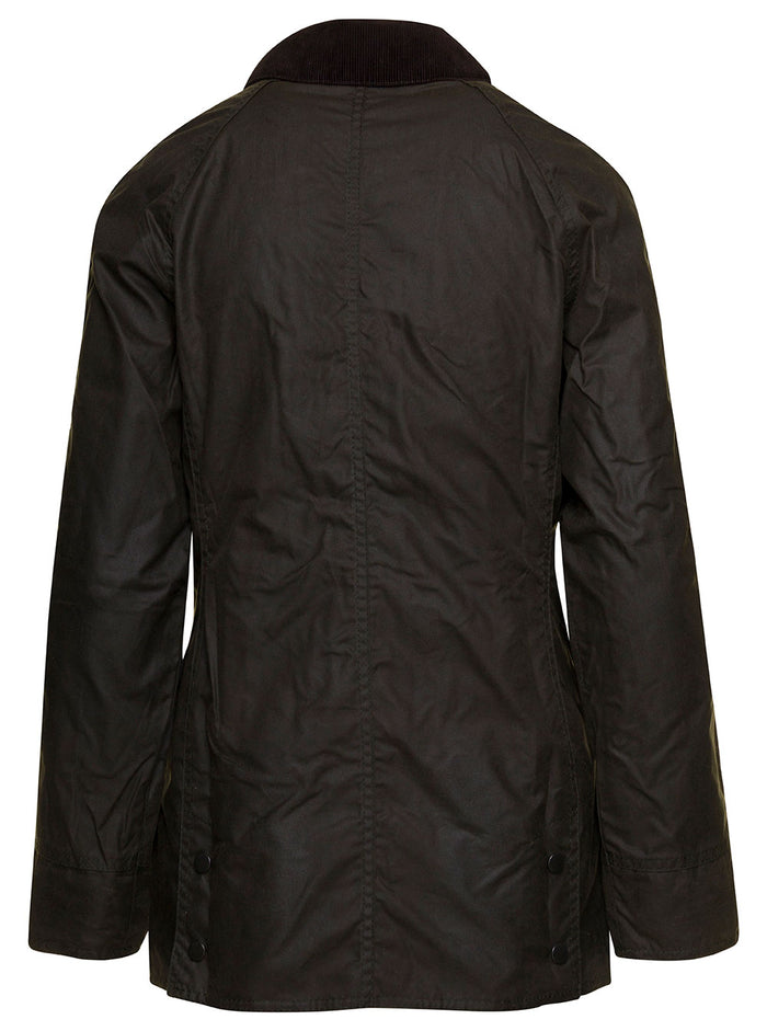 Dark Green Jacket With Ribbed Collar Waxed Cotton Woman
