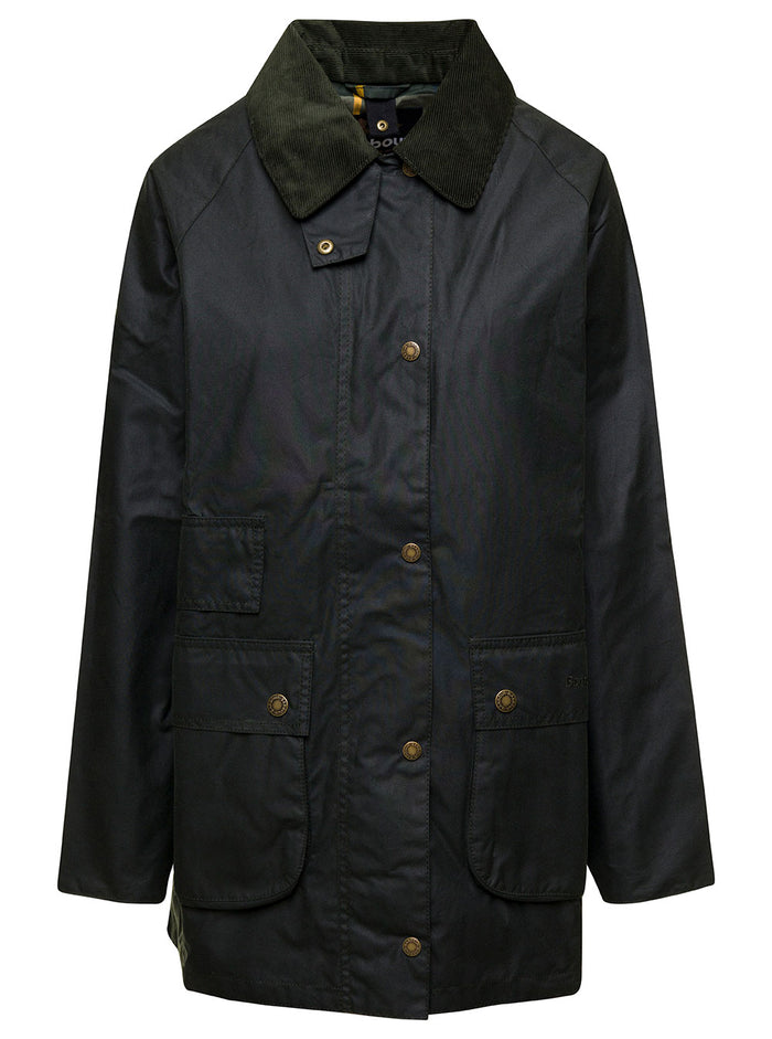 Dark Green Jacket With Multi-Pockets And Collar Waxed Cotton Woman