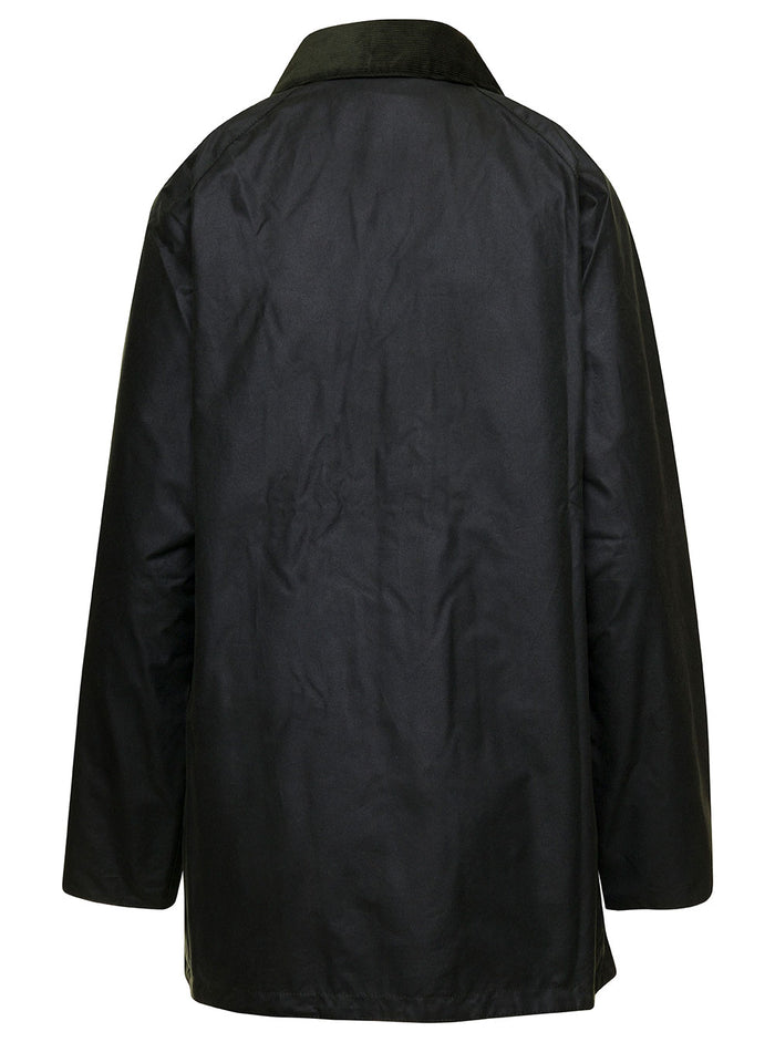 Dark Green Jacket With Multi-Pockets And Collar Waxed Cotton Woman