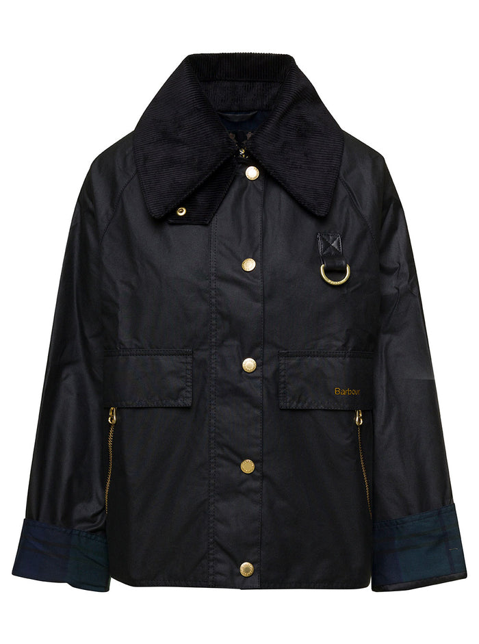 Black Short Jacket With Oversized Collar And Logo Embroidery Waxed Cotton Woman