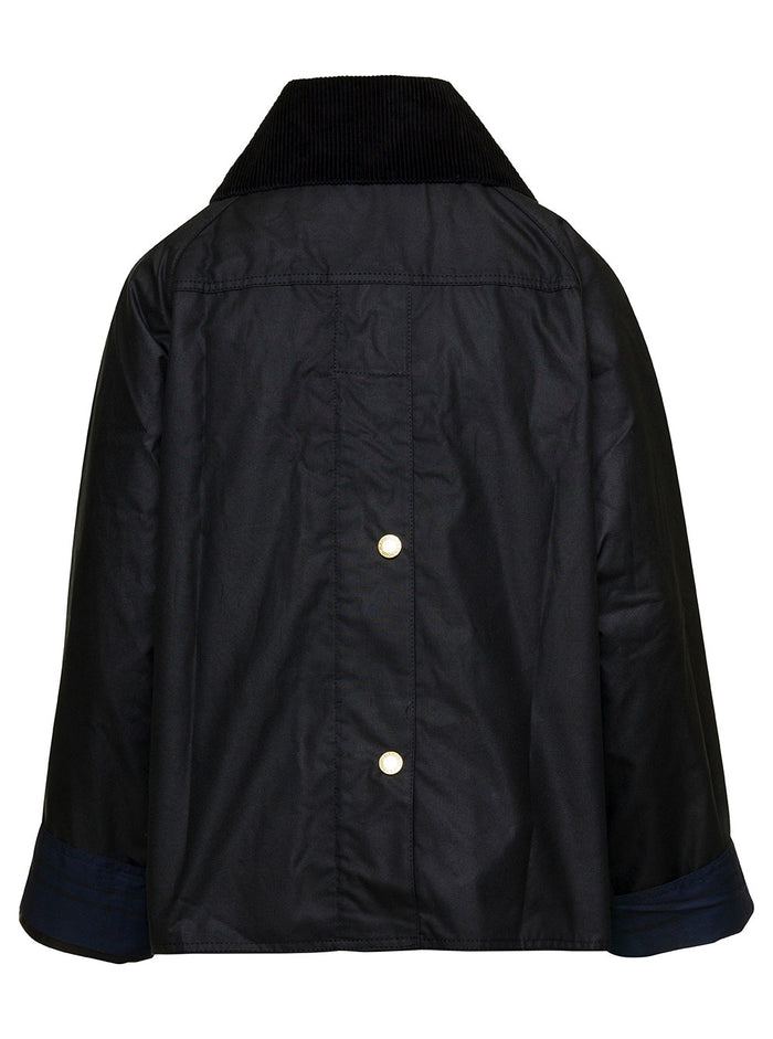 Black Short Jacket With Oversized Collar And Logo Embroidery Waxed Cotton Woman