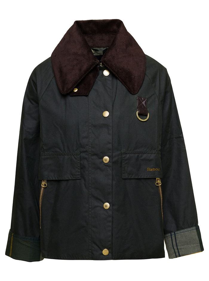 Dark Green Short Jacket With Oversized Collar And Logo Embroidery Waxed Cotton Woman
