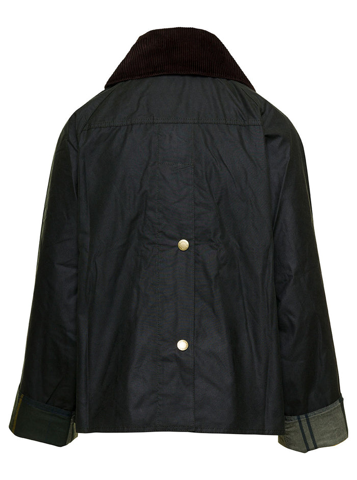 Dark Green Short Jacket With Oversized Collar And Logo Embroidery Waxed Cotton Woman
