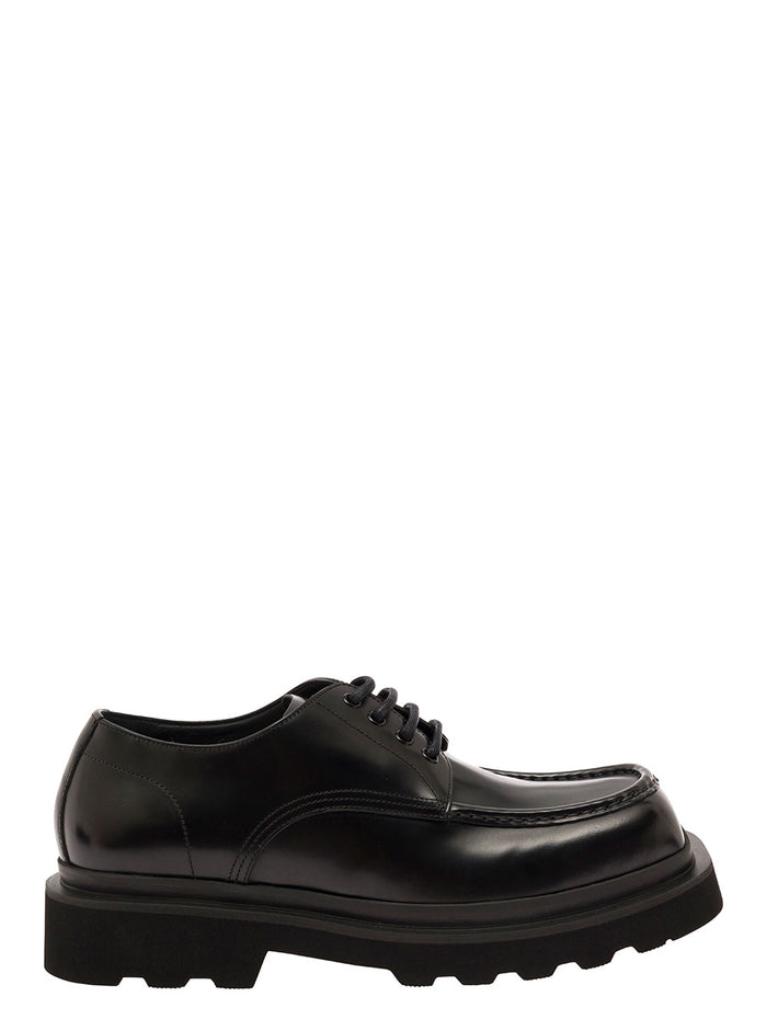 Black Lace-Up Derby With Squared Toe Leather Man Calf Lace Shoes