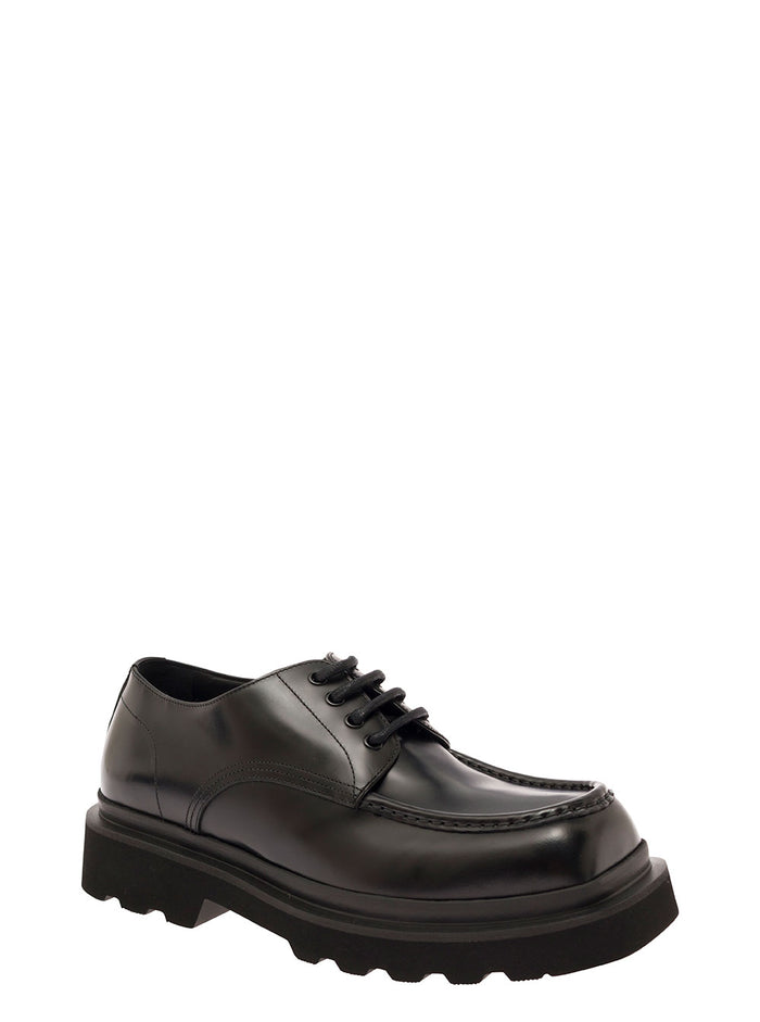 Black Lace-Up Derby With Squared Toe Leather Man Calf Lace Shoes