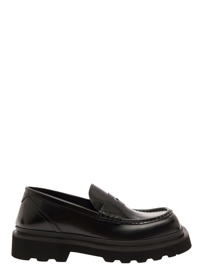 Black Squared-Toe Loafers With Chunky Platform Leather Man Calf