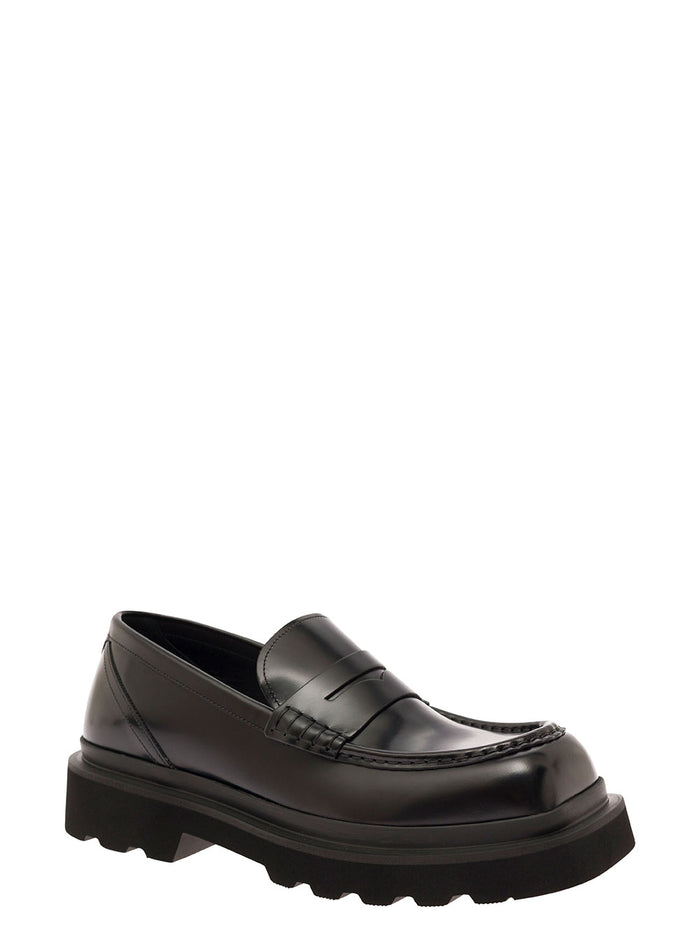 Black Squared-Toe Loafers With Chunky Platform Leather Man Calf