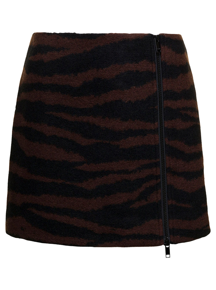 Brown And Black Mini-Skirt With Zip Zebra Print Wool Woman