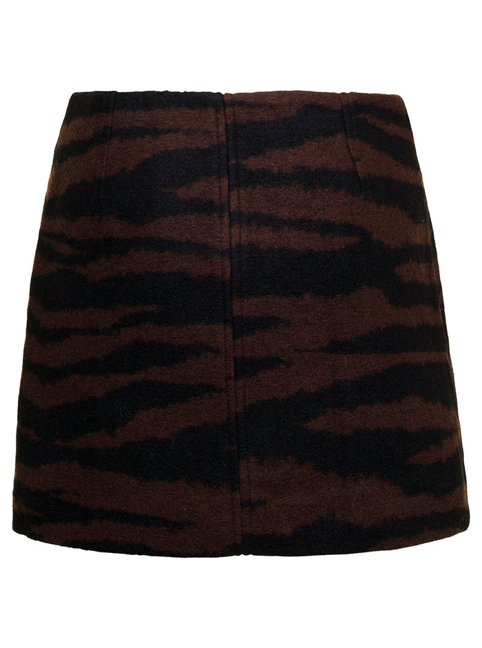 Brown And Black Mini-Skirt With Zip Zebra Print Wool Woman